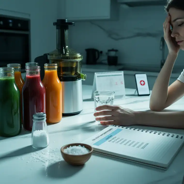 Szklanka zielonego soku z selera i ogórka na drewnianym stole; ilustracja moczopędnego działania soków a ryzyka hiponatremii podczas przedłużonej diety sokowej