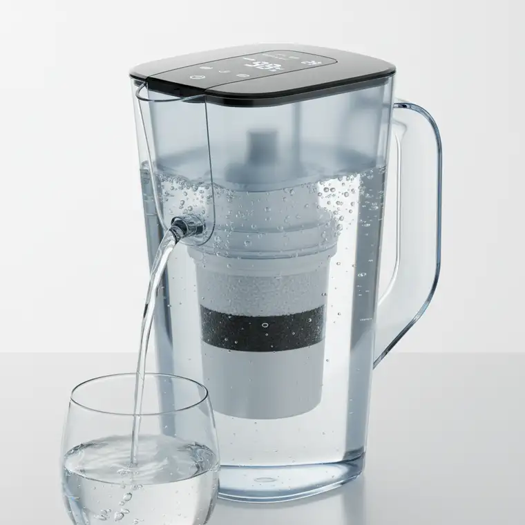 Dzbanek filtrujący wodę 2026 na kuchennym blacie w mieszkaniu w bloku podczas kuracji oczyszczającej, pokazujący prosty sposób na czystą wodę