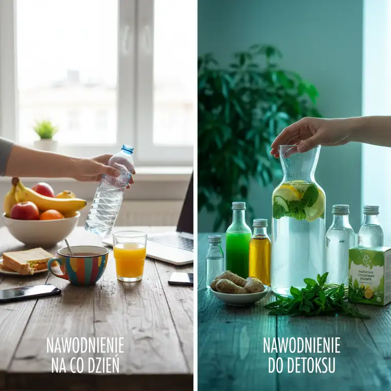 Butelka wody, zioła i cytryna jako elementy planu nawodnienia do detoksu oraz codziennego oczyszczania organizmu