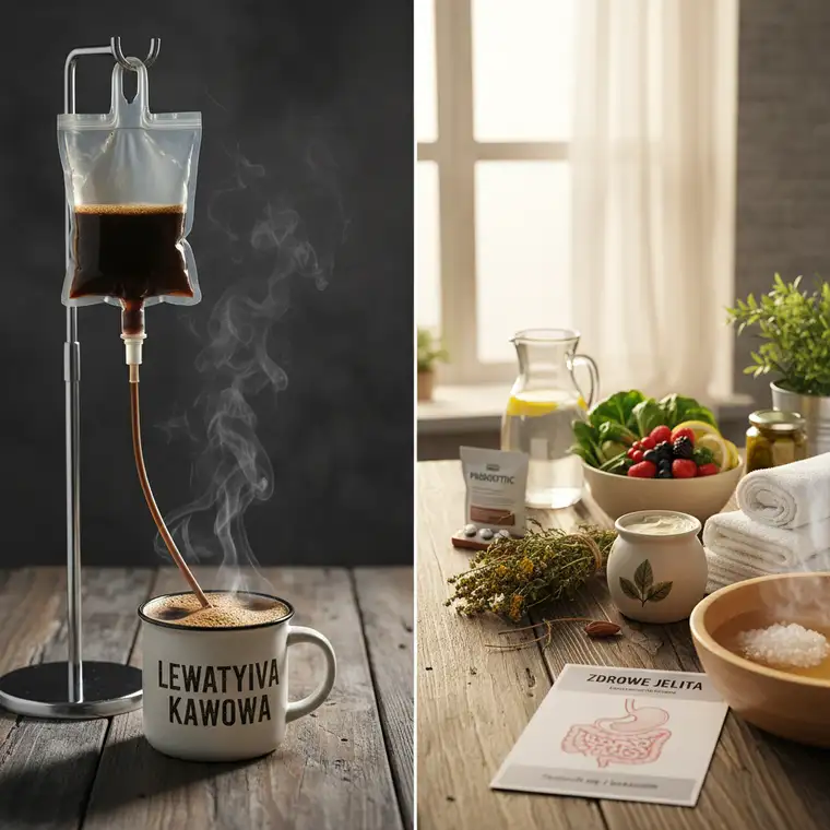 Grafika edukacyjna przedstawiająca hemoroidy oraz zagrożenia lewatyw kawowych w domu, wizualizacja ryzyka podrażnienia i krwawienia