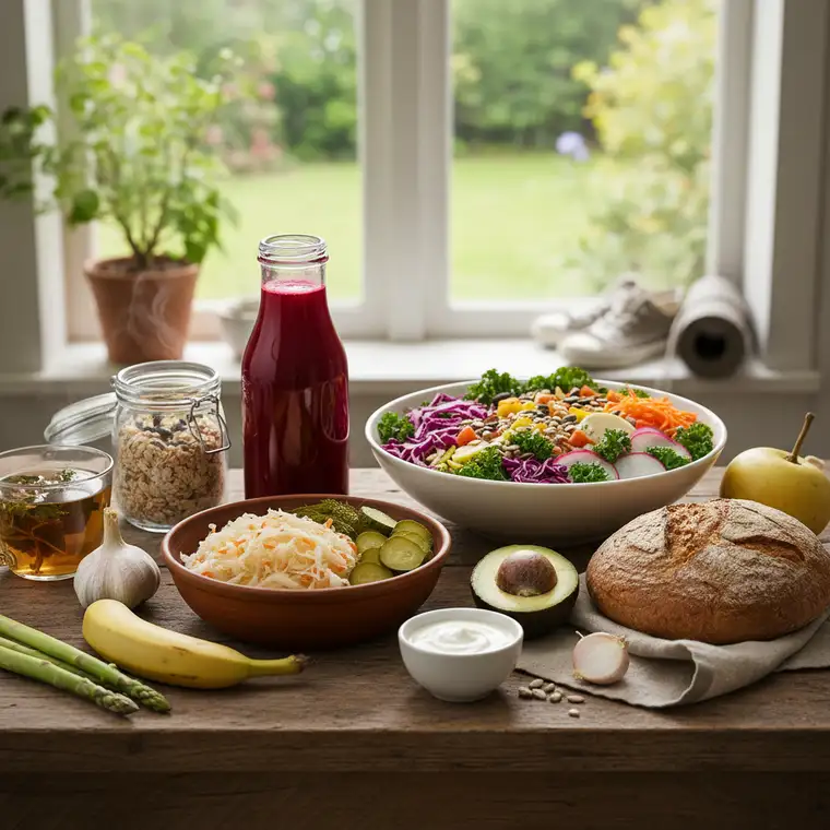 Zbliżenie na warzywa, kiszonki i zboża pełnoziarniste wspierające czas odbudowy flory jelitowej po 10-dniowej głodówce warzywnej