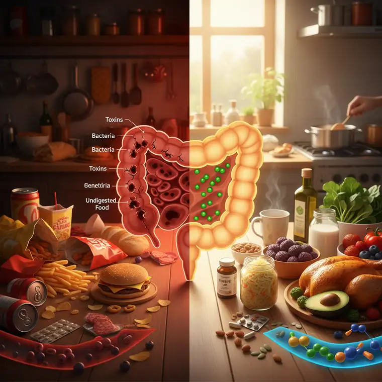 Zdjęcie zdrowych produktów regenerujących jelita – warzywa, kiszonki, bulion kostny – w kontekście leczenia zespołu nieszczelnego jelita