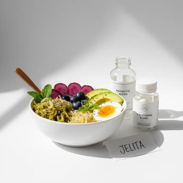 Schemat jelit i bariery jelitowej – wizualizacja zespołu nieszczelnego jelita po długiej diecie przetworzonej oraz wpływu toksyn na organizm