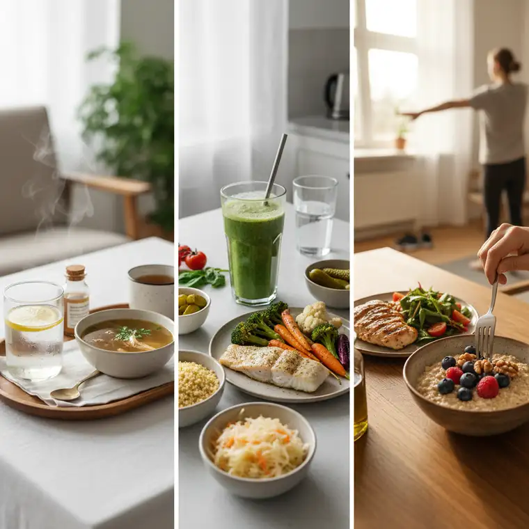 Talerz z warzywami, kiszonkami i rybą jako element odbudowy mikrobiomu w 3-dniowym planie regeneracji jelit