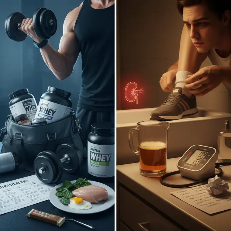 Mężczyzna z opuchniętymi kostkami i dłonią na nodze, obrzęki jako objaw przeciążenia nerek na diecie wysokobiałkowej