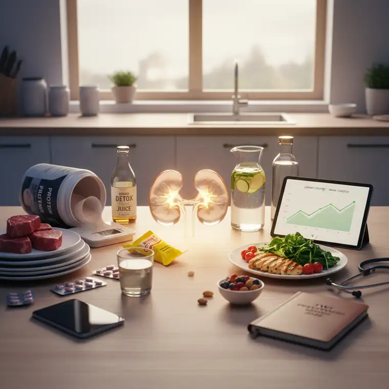 Trener i dietetyk omawiają plan odchudzania, wykresy nerkowe na tablecie, kontekst jak uniknąć błędów obciążających nerki podczas diet