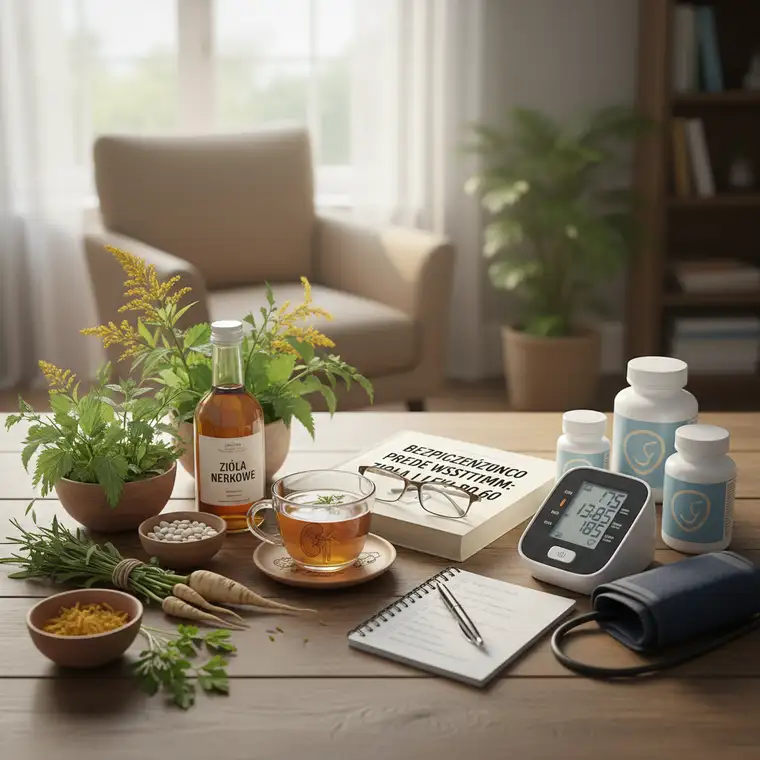 Zbliżenie na kubek z naparem ziołowym obok ciśnieniomierza jako ilustracja ryzyka łączenia ziół na nerki z lekami moczopędnymi