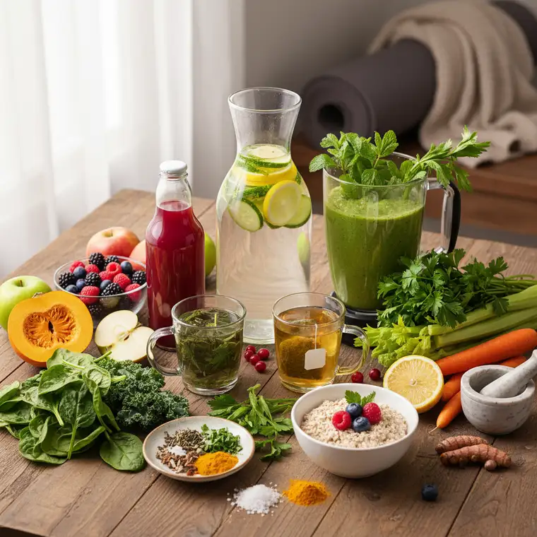 Talerz pełen zielonych warzyw i ziół wspierających łagodny 5-dniowy detoks nerek w domu bez drogich suplementów, zdrowa dieta roślinna