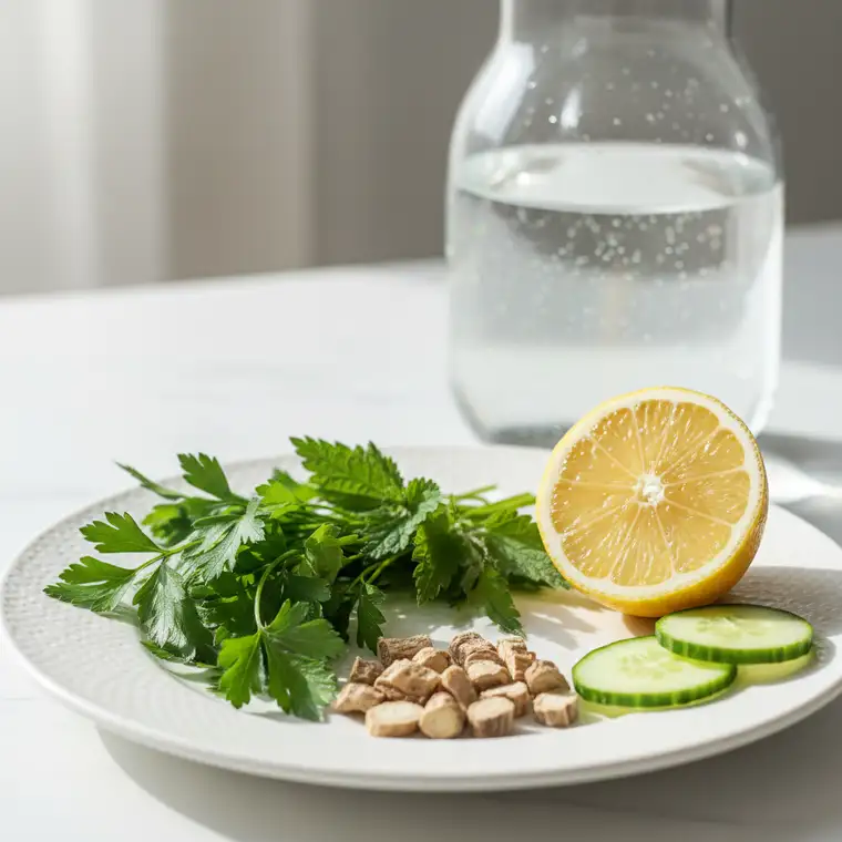 Szklanka wody z cytryną na stole, początek łagodnego 5-dniowego detoksu nerek w domu bez drogich suplementów, naturalne wsparcie organizmu