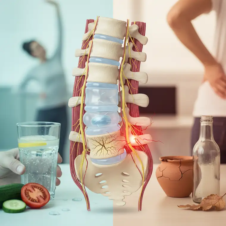 Osoba z bólem lędźwi siedząca przy biurku z butelką wody, ilustrująca związek odwodnienia z bólem w dole pleców