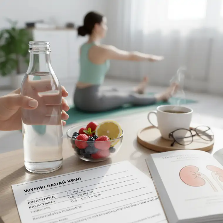 Ilustracja przedstawiająca osobę analizującą wyniki badań kreatyniny w kontekście diety detoksykującej i zdrowia nerek