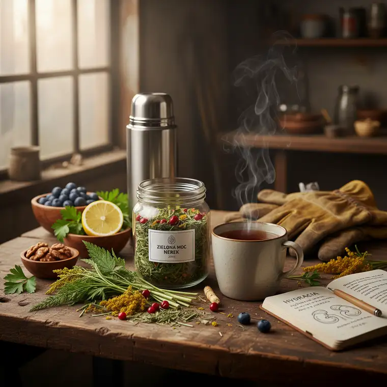 Ziołowa mieszanka na nerki 2026 w kubku, obok pokrzywy, skrzypu i nawłoci, jako codzienne wsparcie dla osób pracujących fizycznie