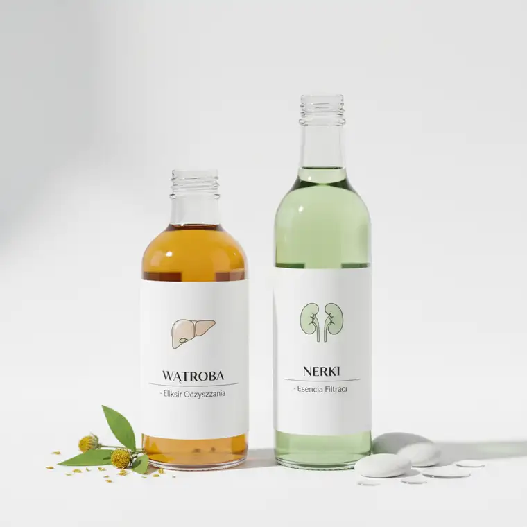 Schematyczne przedstawienie wątroby i nerek jako głównych narządów detoksykacji, ilustrujące różnice między detoksem wątroby a detoksem nerek