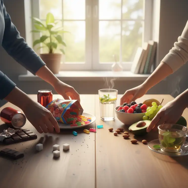 Zbliżenie na zdrowe przekąski bez cukru, ilustrujące jak długo trwa detoks organizmu z cukru i jakie zamienniki wybierać