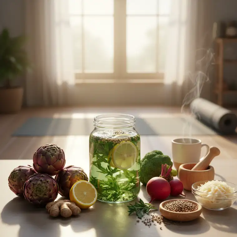 Świeże warzywa, zioła i woda jako elementy diety wspierającej oczyszczanie wątroby i naturalny detoks organizmu