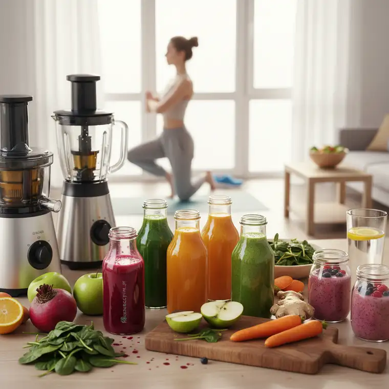 Kolorowe soki owocowo-warzywne w butelkach na tle świeżych warzyw, ilustrujące pytanie czy detoks sokowy rzeczywiście wypłukuje toksyny z organizmu