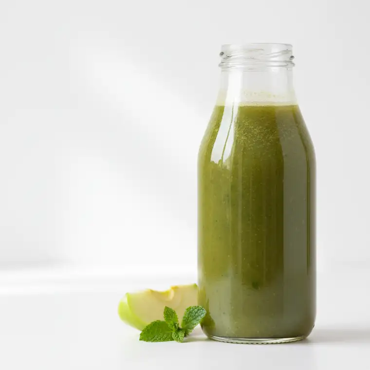 Szklanka zielonego soku warzywnego na drewnianym stole, pośród świeżych warzyw, w kontekście pytania czy detoks sokowy rzeczywiście wypłukuje toksyny