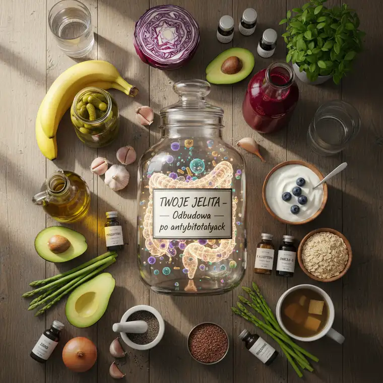 Talerz z kiszonkami, jogurtem i innymi probiotykami wspierającymi regenerację błony śluzowej jelit po antybiotykach