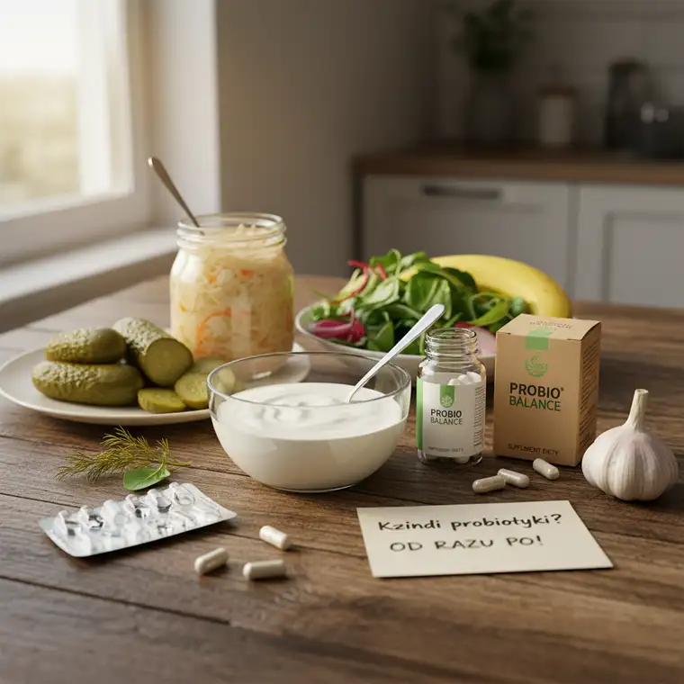 Produkty probiotyczne i suplementy ułożone na stole, ilustrujące dietę i suplementację po kuracji antybiotykowej dla zdrowia jelit