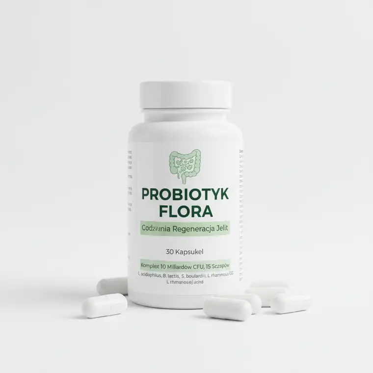 Kobieta trzymająca kapsułkę probiotyku po kuracji antybiotykowej, symbolicznie wspierająca mikroflorę jelitową i równowagę organizmu