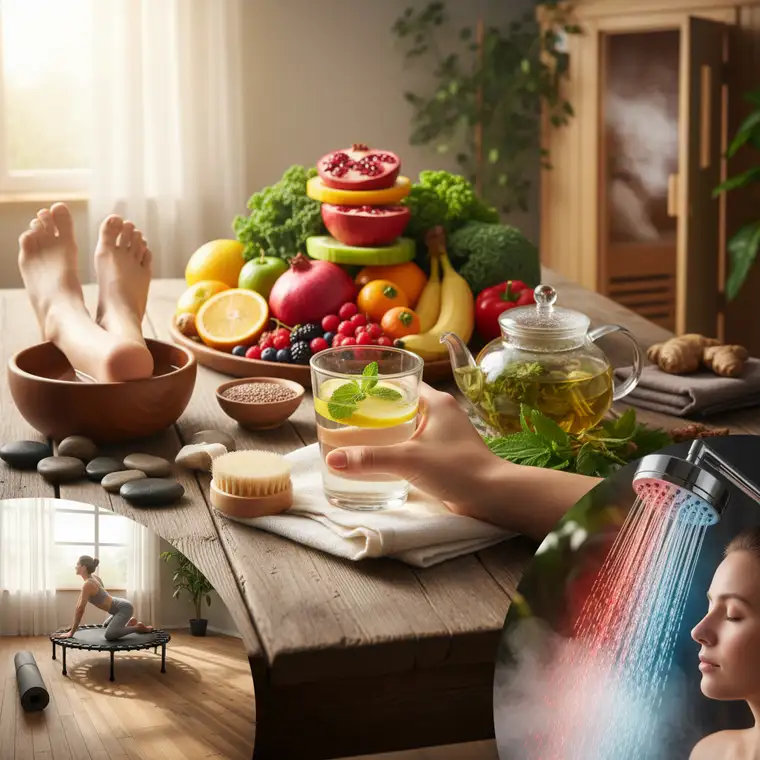 Grafika prezentująca układ limfatyczny człowieka i efekty detoksu limfatycznego: redukcję opuchlizny, poprawę skóry i większą energię