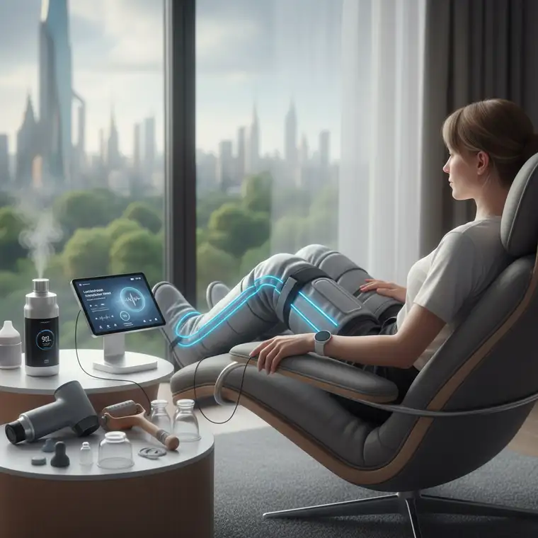 Nowoczesny domowy masażer kompresyjny do drenażu limfatycznego 2026 założony na nogi, idealny dla osób z siedzącą pracą