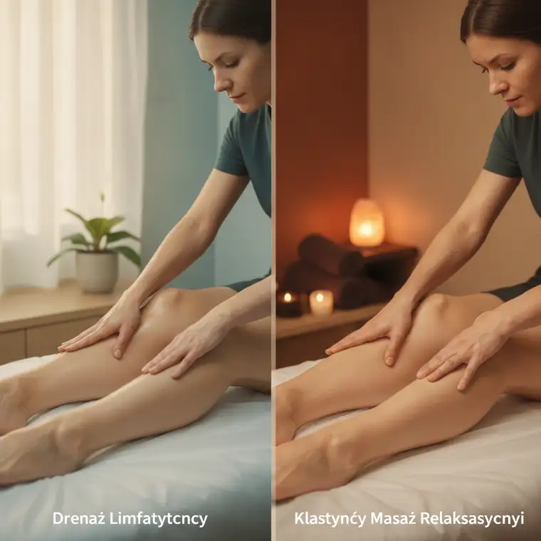 Fizjoterapeuta wykonuje delikatny drenaż limfatyczny łydek u pacjentki, pokazując różnicę względem klasycznego masażu przy obrzękach nóg